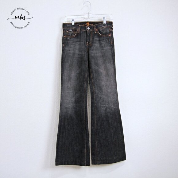7 For All Mankind Dojo Distress Fray Hems High Waist Flare Jeans Black Women 25 - Picture 2 of 7